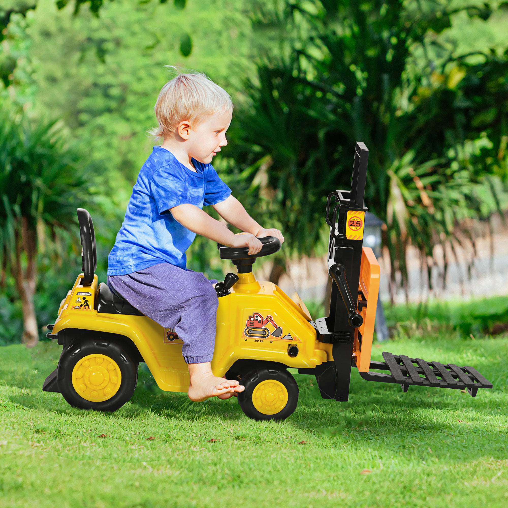 Tractor sin Pedales para Niños de +3 Años Carretilla Elevadora de Juguete con Horquilla Móvil Bocina y Asiento de Alamcenaje Oculto Carga 30 kg 86x27,5x47,5 cm Amarillo