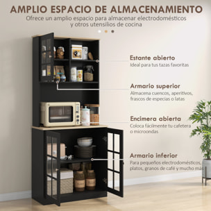 Alacena de Cocina, Mueble Auxiliar de Cocina, con 3 Puertas de Vidrio, Encimera Abierta para Microondas, Estantes Ajustables, Compartimentos Abiertos, 80x37x183 cm, Negro