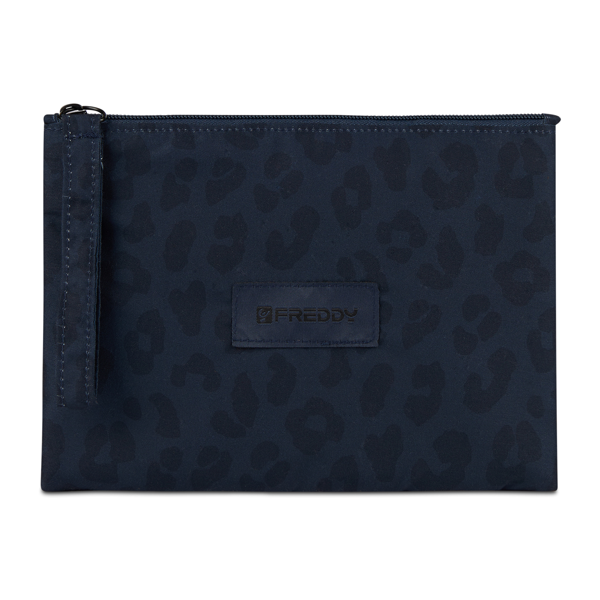 Bustina leopardata in poliestere con zip e logo applicato