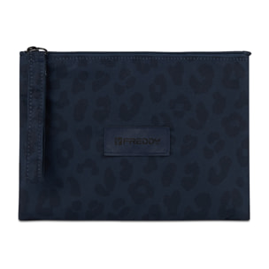 Bustina leopardata in poliestere con zip e logo applicato