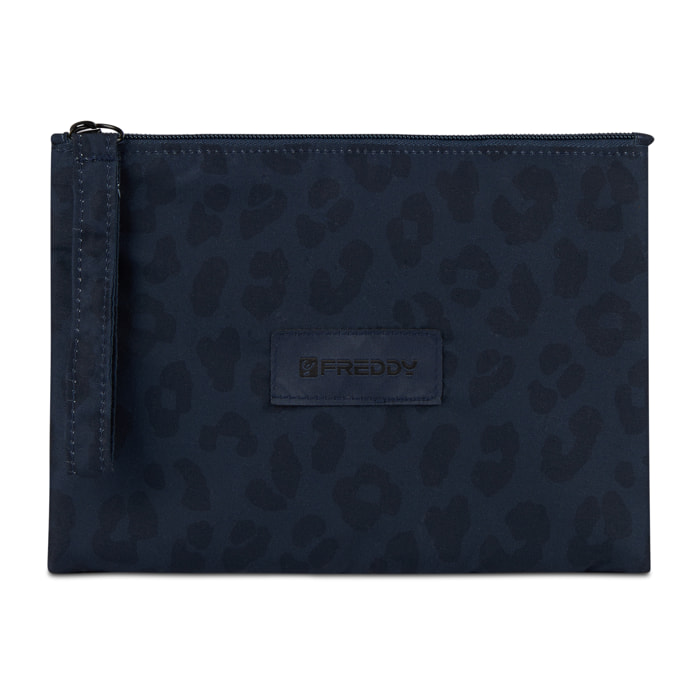 Bustina leopardata in poliestere con zip e logo applicato