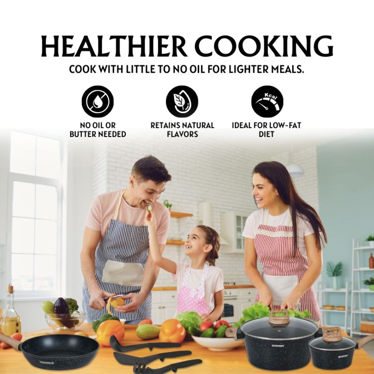 Batterie de cuisine 14 pièces avec revêtement en granit et manche en bois Noir Herzberg HGWDMRB14-BLK