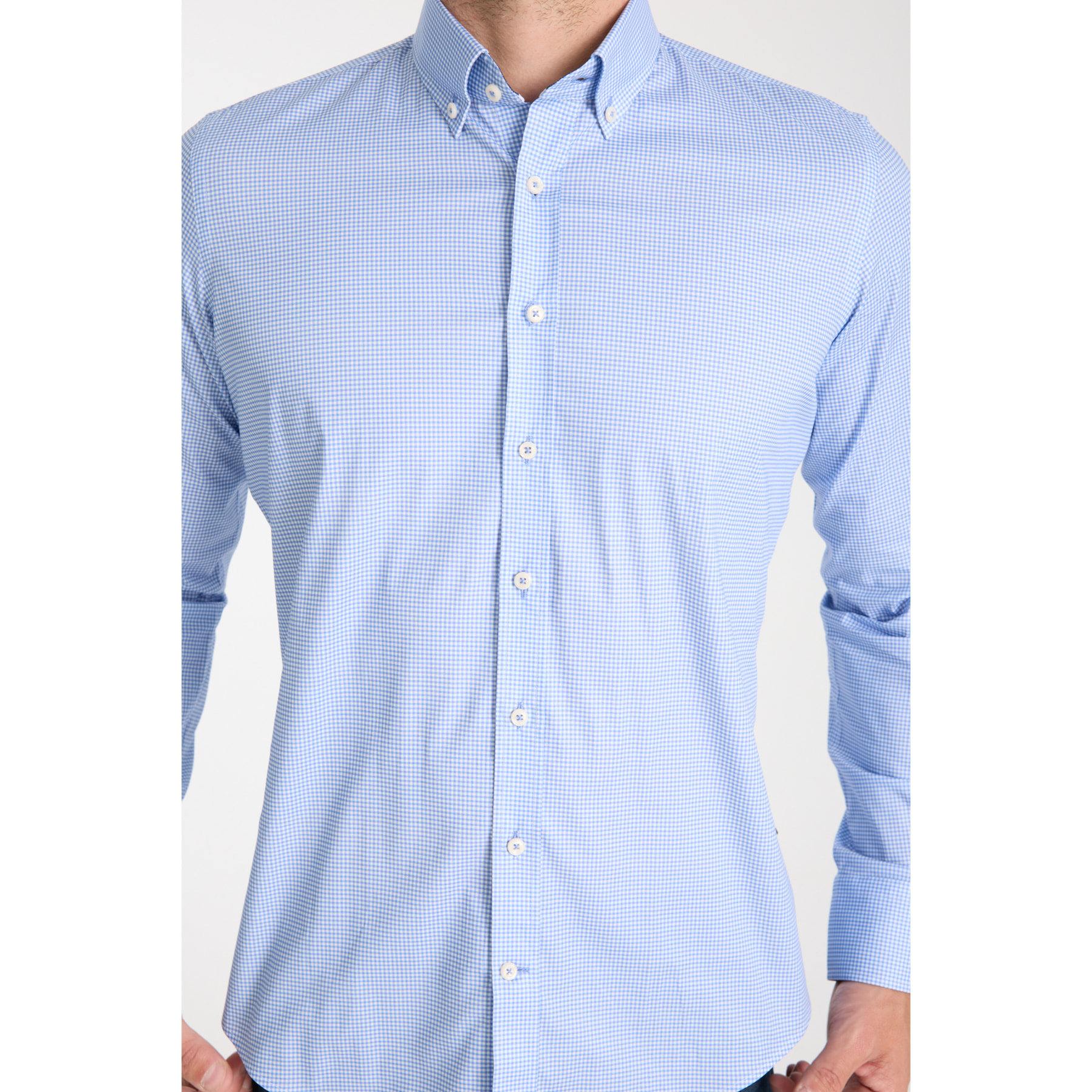 camicia uomo 1 bottone button down slim Popeline Stretch Quadro Piccolo Blu Inchiostro\Bianco