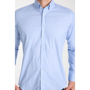 camicia uomo 1 bottone button down slim Popeline Stretch Quadro Piccolo Blu Inchiostro\Bianco