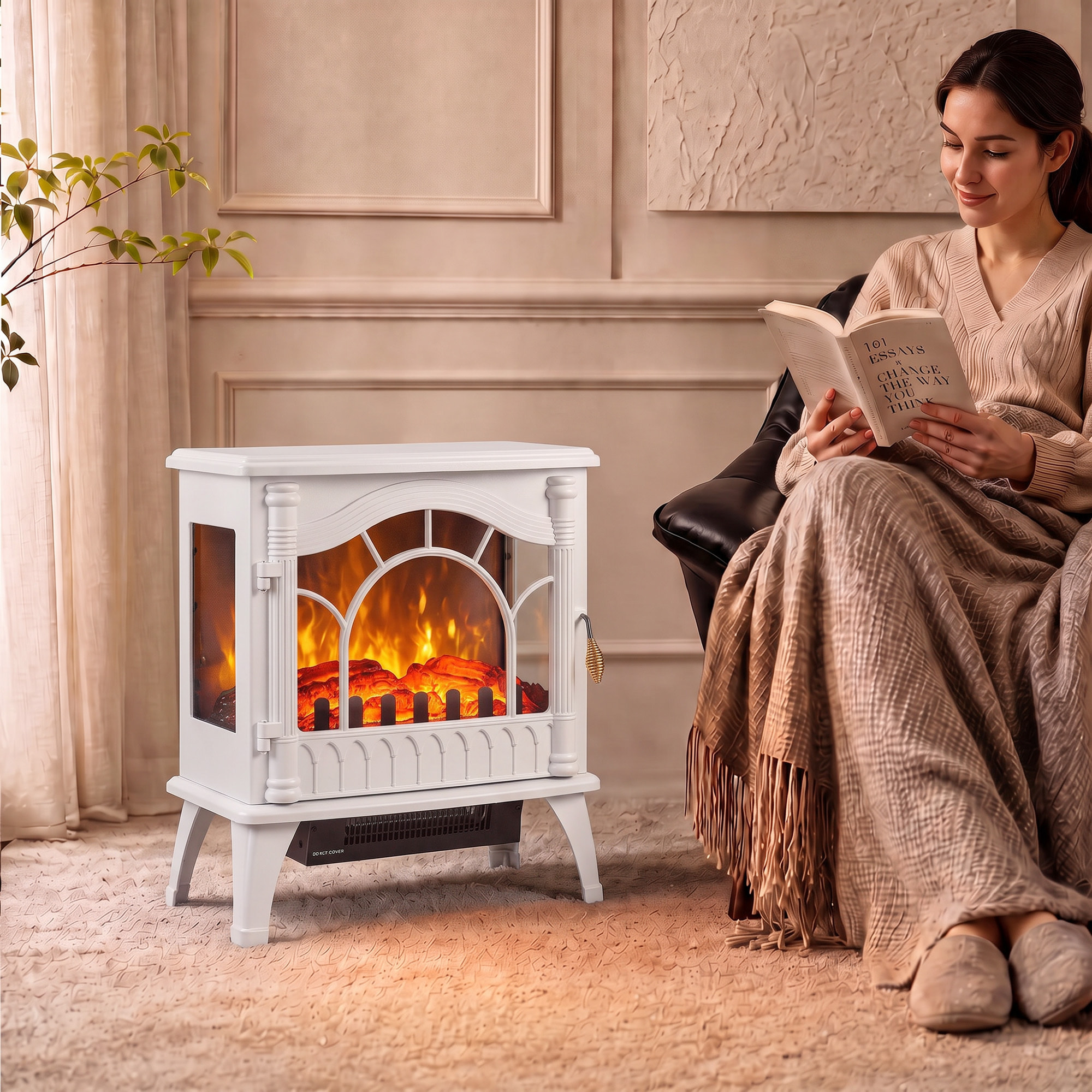 Chimenea Eléctrica 1000W/2000W Chimenea Decorativa de Pie con Temperatura Ajustable Bajo Consumo Protección contra Sobrecalentamiento Efecto de Llama 3D para Sala 15-30 m² Blanco