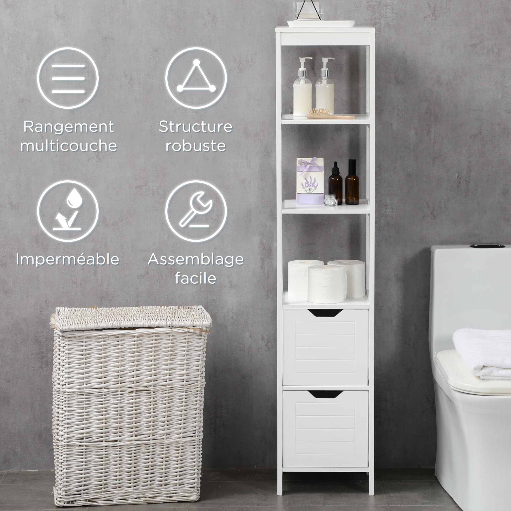 Meuble colonne rangement salle de bain dim. 30L x 30l x 144H cm 2 tiroirs 3 étagères MDF blanc