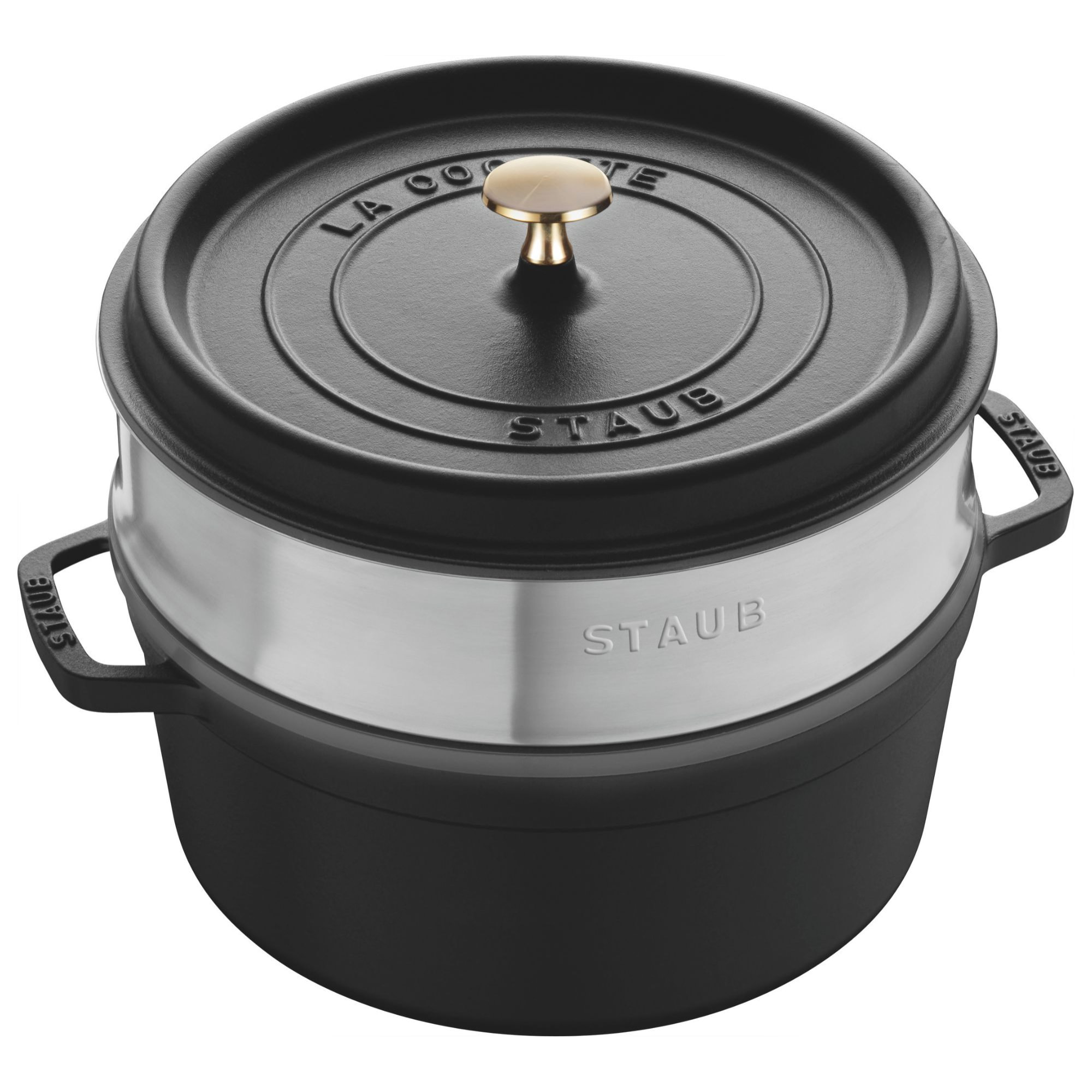 Cocotte avec panier vapeur 24 cm, Rond(e), Noir mat, Fonte