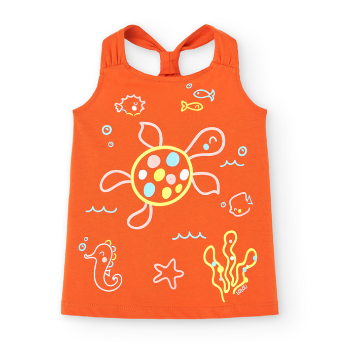 Vestido tirantes niña, algodón estampado, naranja