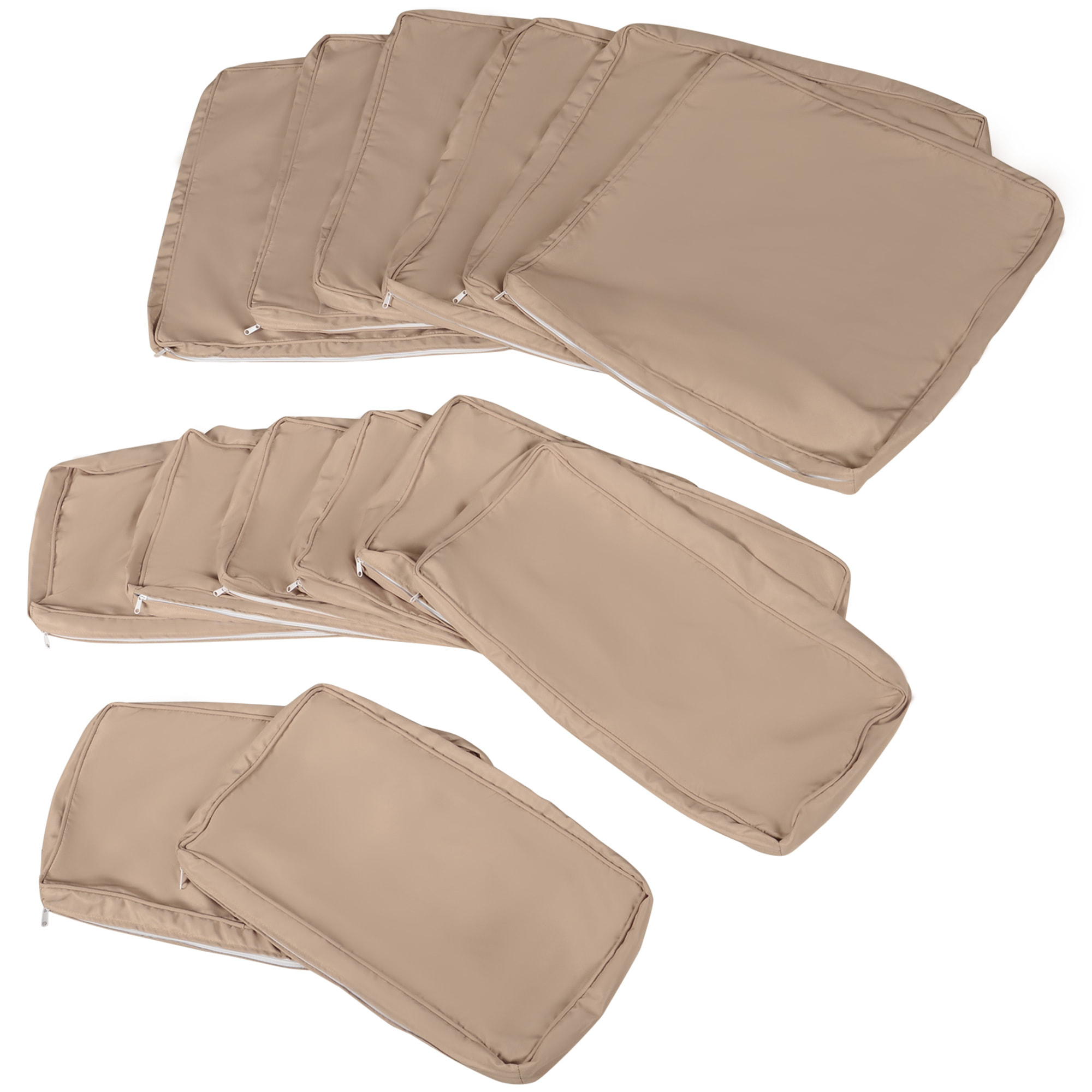 Lot de 14 housses de rechange coussins salon de jardin - 6 housses coussin d'assise, 8 housses coussin dossier - housses zippées polyester déperlant marron