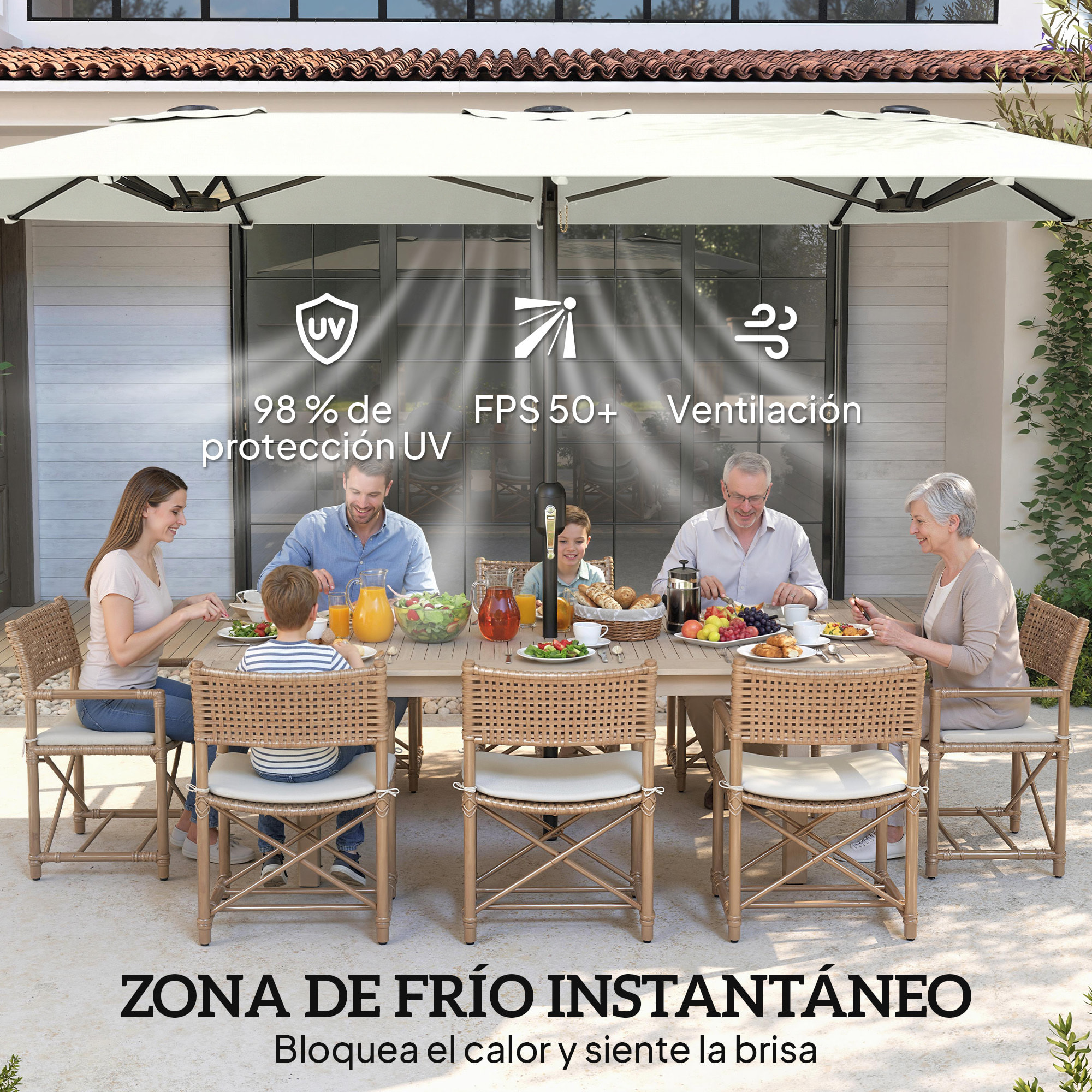 Sombrilla Doble 4,6x2,6 m, Sombrilla Terraza Exterior con Manivela Manual, Protección UV50+, Funda Protectora, Resistente al Agua, Parasol para Jardín, Terraza, Patio, Blanco Crema