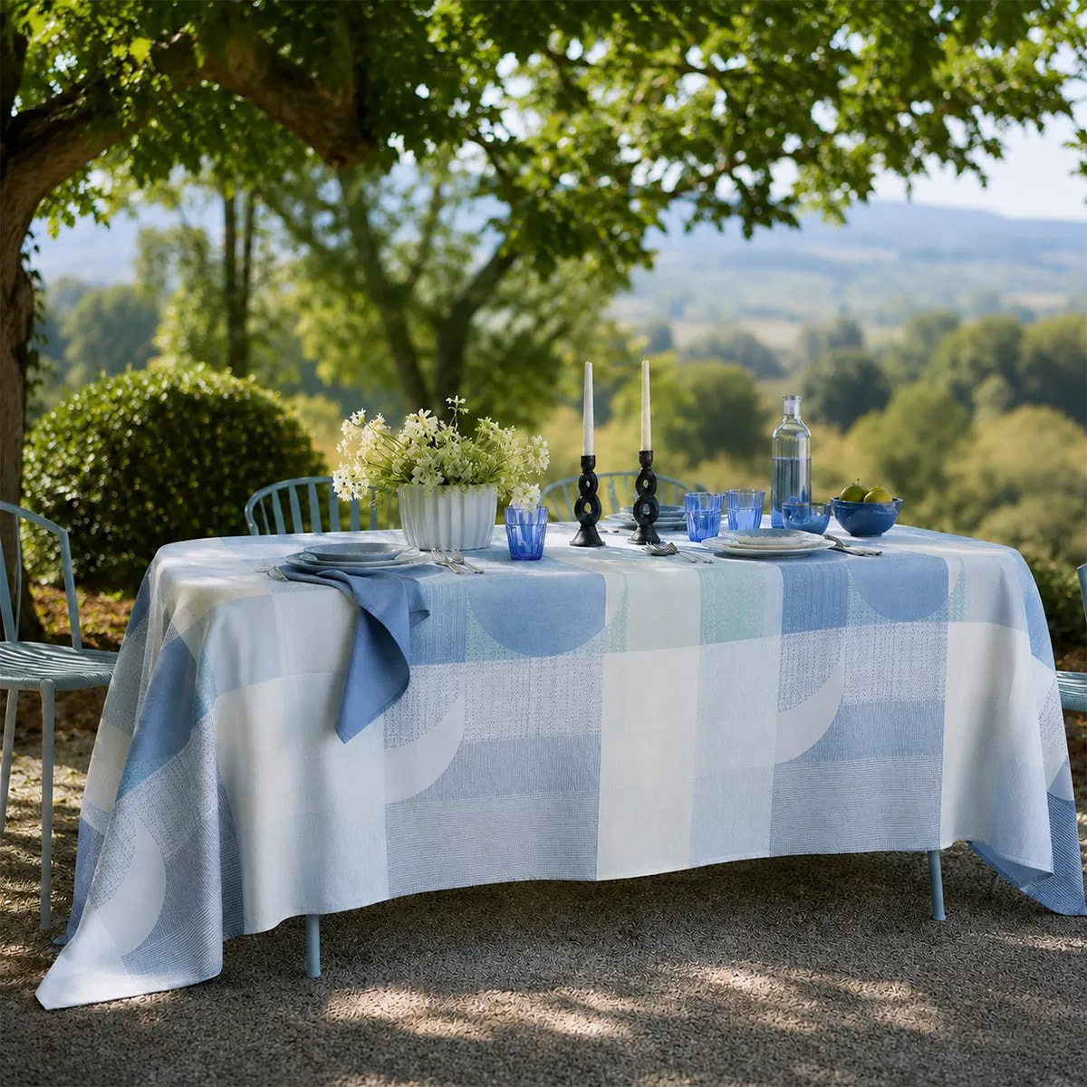 Nappe pur coton enduit 220 g/m² motif jacquard bleu vert Mille textures bleu