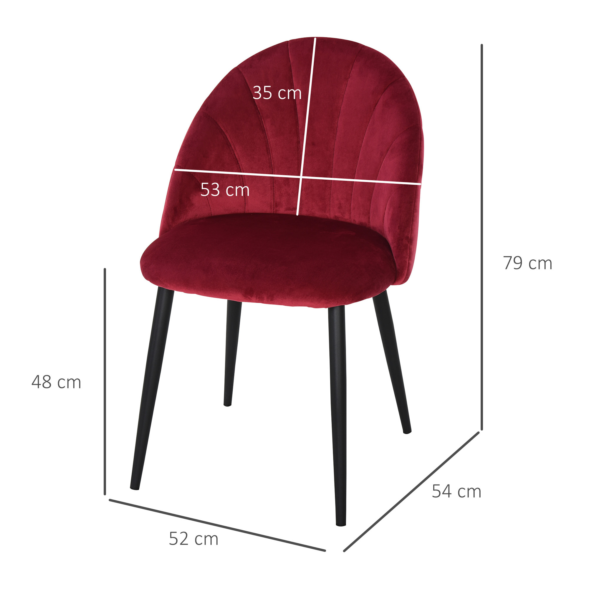 Lot de 2 chaises velours bordeaux pieds métal noir dim. 52L x 54l x 79H cm