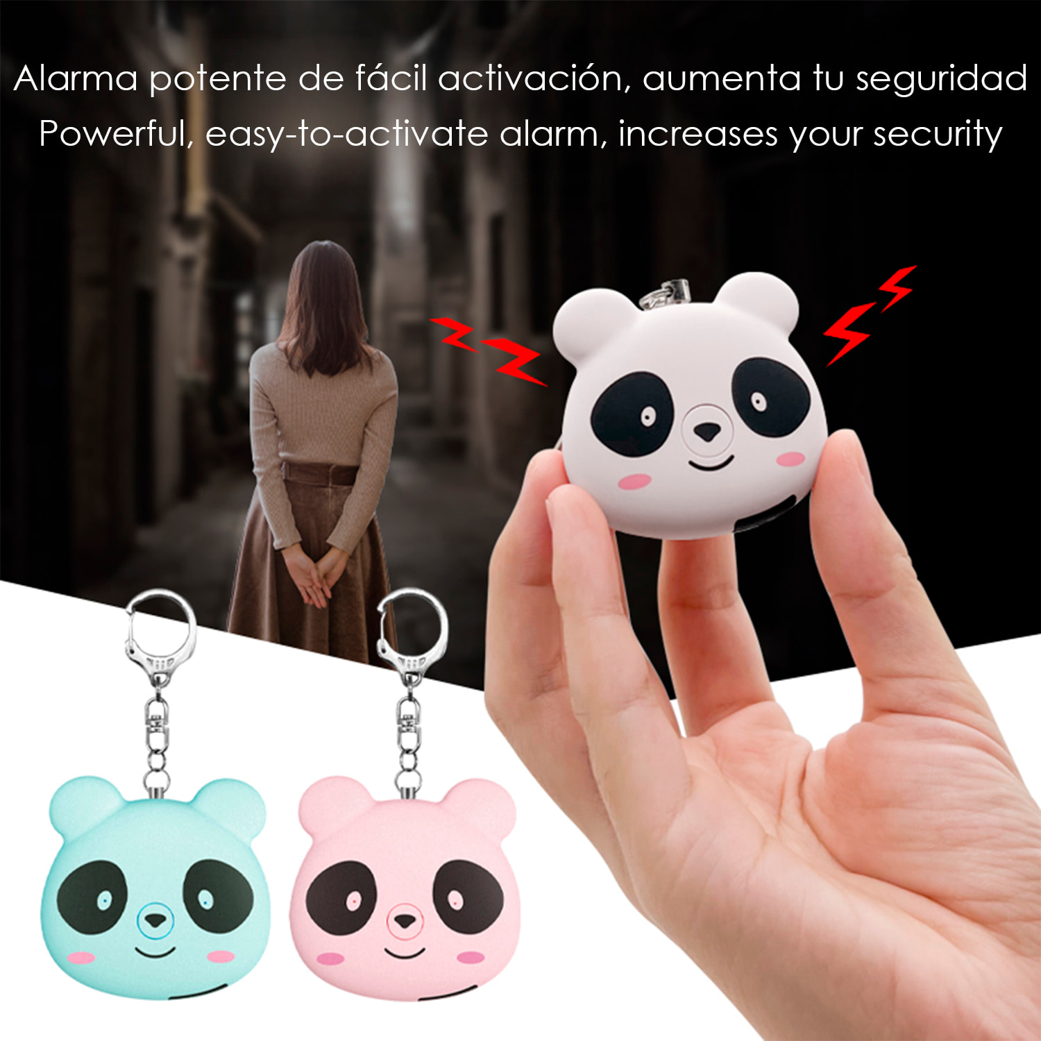 Allarme SOS personale con design panda e suono di 130dB. Batteria ricaricabile e attivazione rapida tirando l'anello.