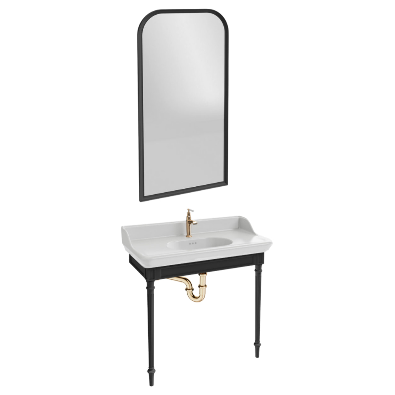 Console Cléo 1889 avec plan vasque + miroir + robinet lavabo or + siphon or