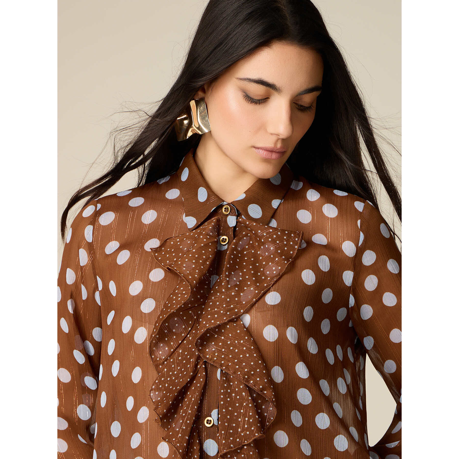 Oltre - Camicia a pois con fiocco - Marrone