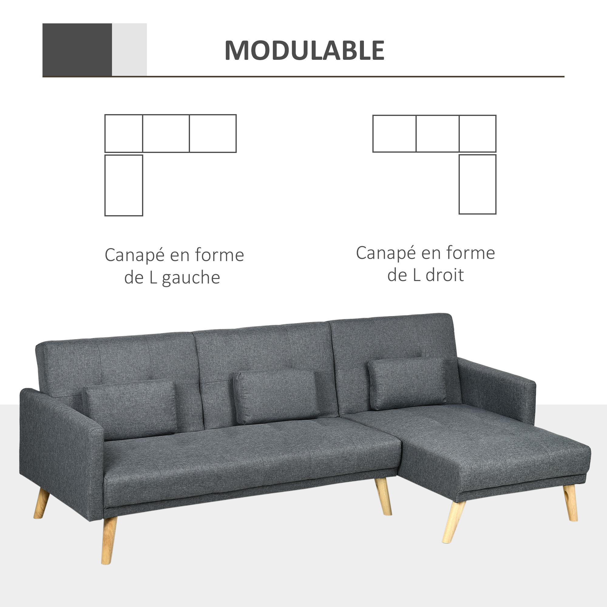 Canapé d'angle convertible 3 places design scandinave - réversible, effet capitonné, 3 coussins déco - piètement bois tissu aspect lin gris