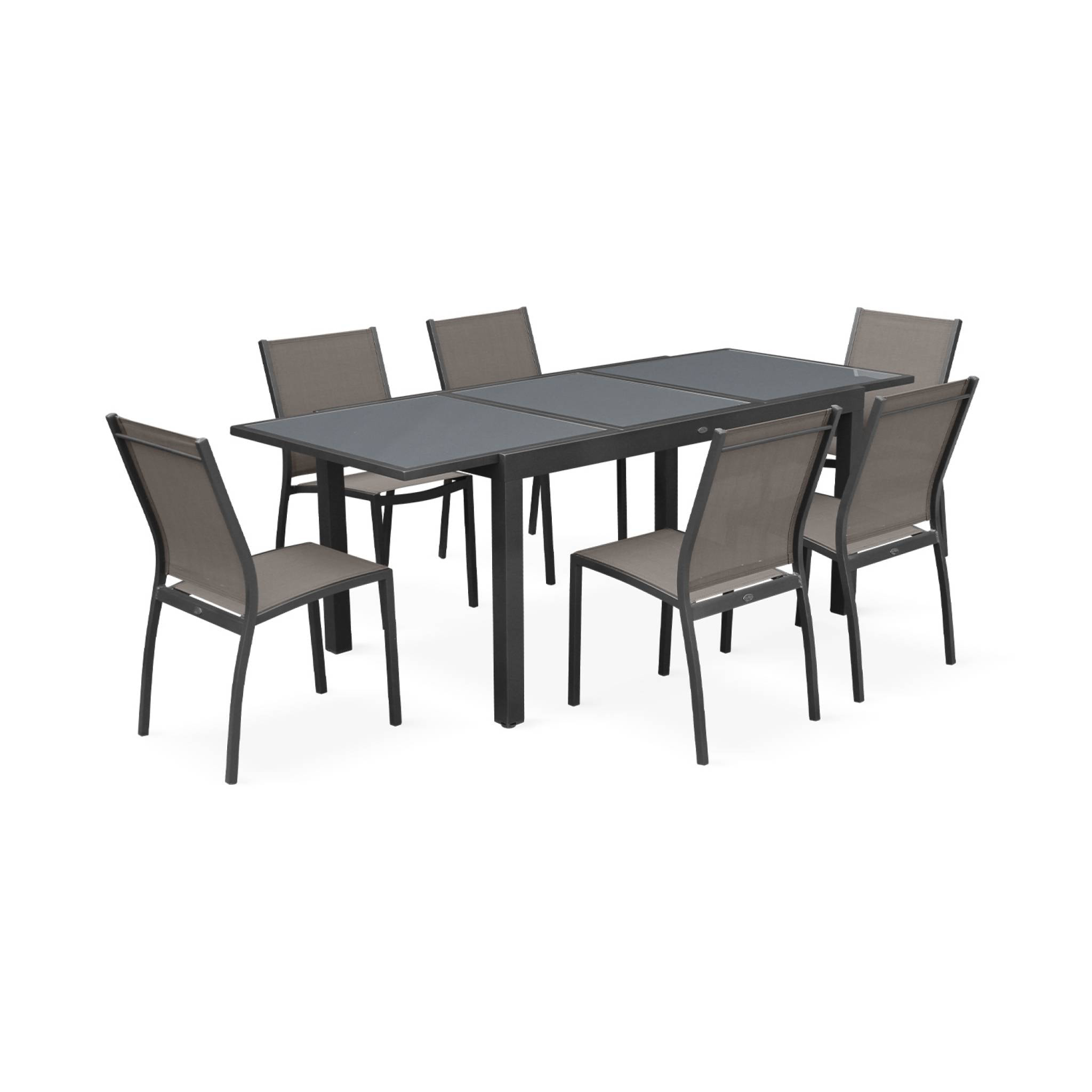 Table de jardin extensible aluminium + 6 assises - Orlando Gris taupe - Table en aluminium 150/210cm. plateau de verre. rallonge et 6 chaises en textilène
