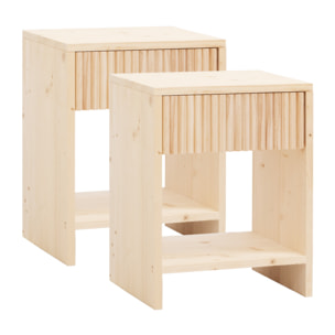 Pack de 2 mesitas de noche de madera maciza con un cajón en tono natural de varias medidas