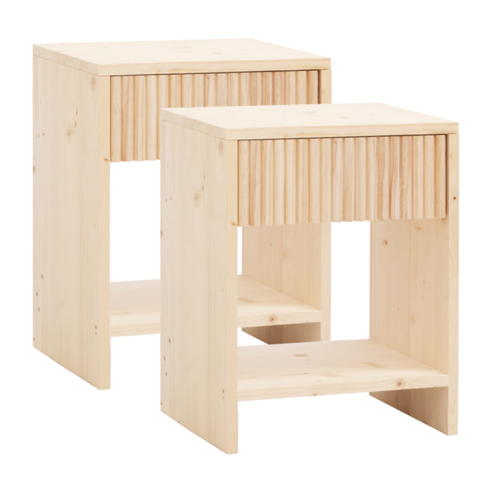 Pack de 2 mesitas de noche de madera maciza con un cajón en tono natural de varias medidas