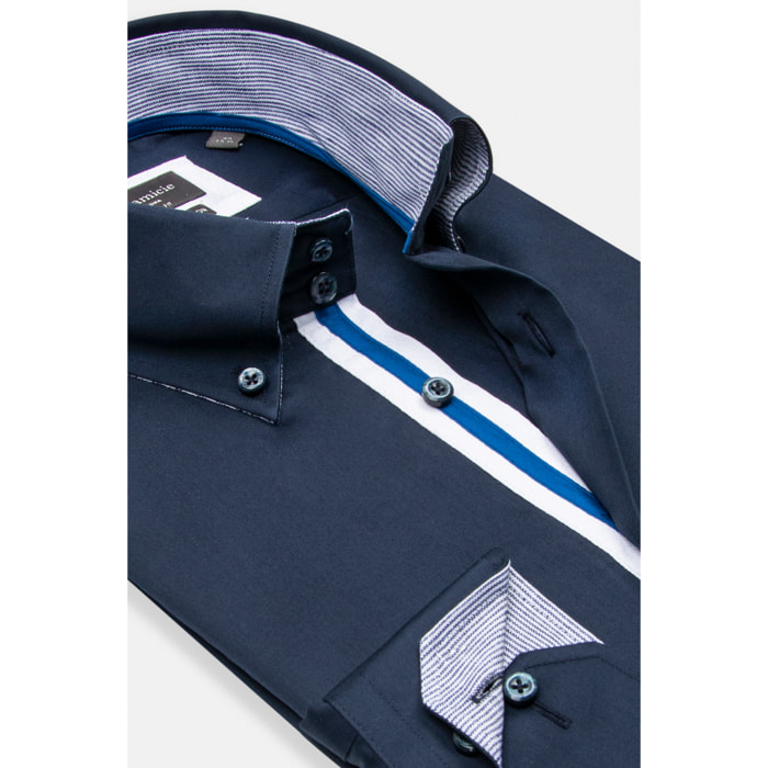 Camicia Uomo 2 Bottoni Button Down Slim Satin Unito Blu