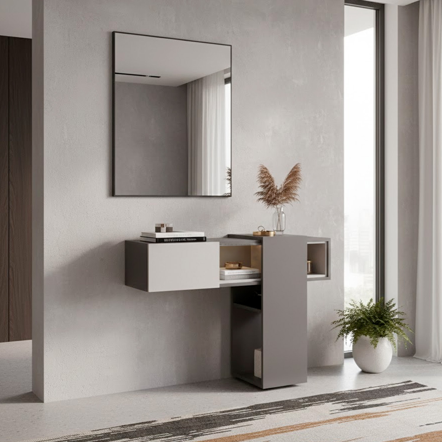 Mobile Danzica Mobiletto da Ingresso Mensola Sospesa con Specchio E Ripiani Scorrevole Arredo 100 x 31.5 x 75 cm Grigio Scuro E Grigio Chiaro