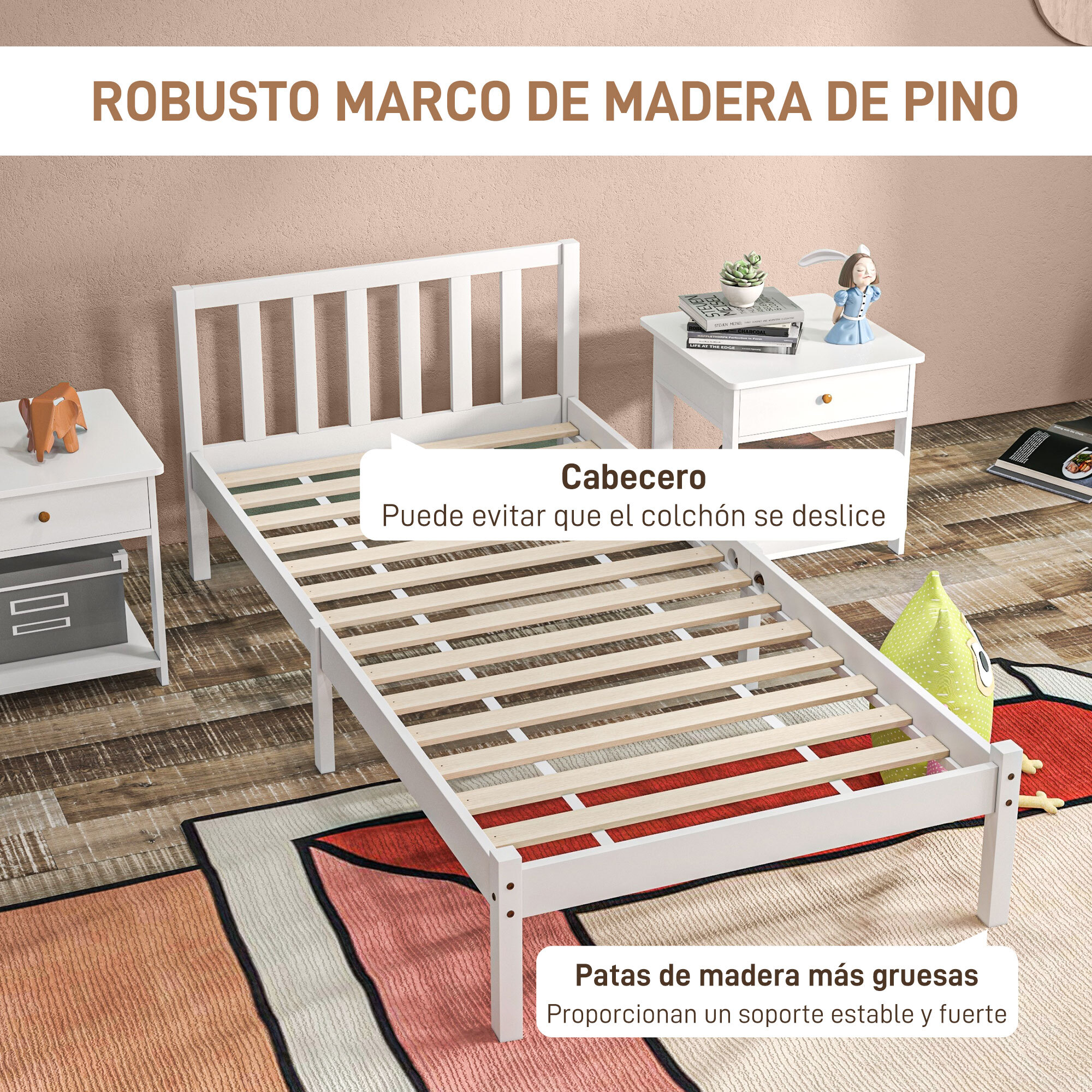 Marco de Cama de Madera Estructura de Cama Somier con Cabecera para Colchón de 90x190 cm (no incluido) Carga 120 kg 198x96x70 cm Blanco