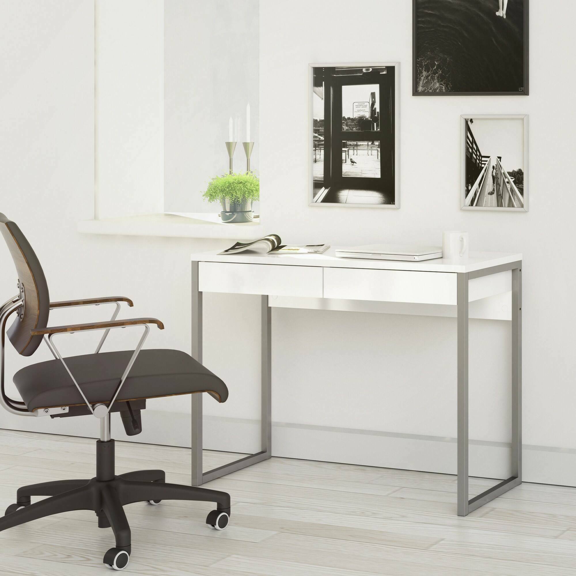 Scrivania Anavi, Scrittoio multiuso, Tavolo per ufficio porta PC, Piano di lavoro, 101x40 h77 cm, Bianco lucido