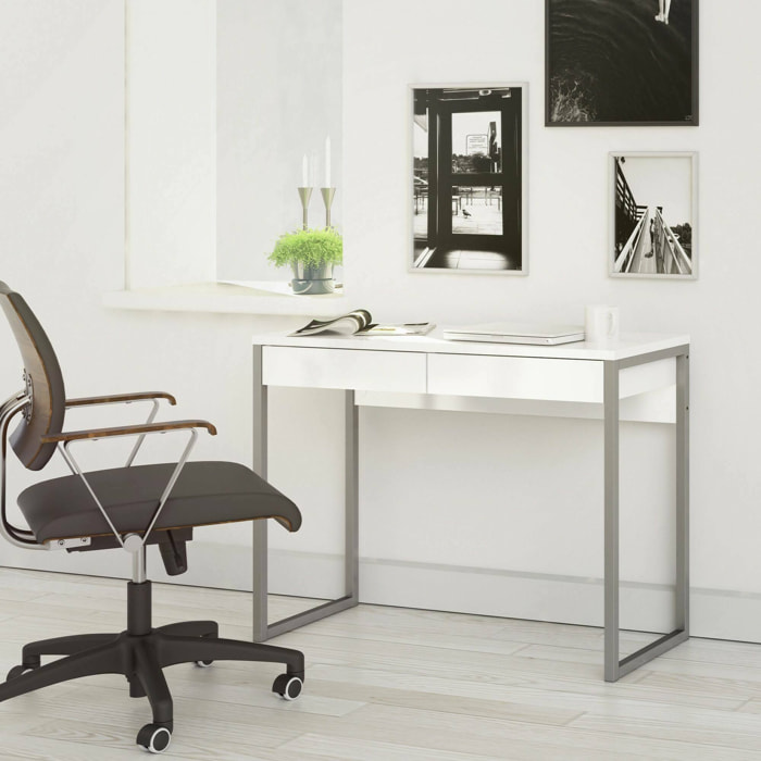 Scrivania Anavi, Scrittoio multiuso, Tavolo per ufficio porta PC, Piano di lavoro, 101x40 h77 cm, Bianco lucido