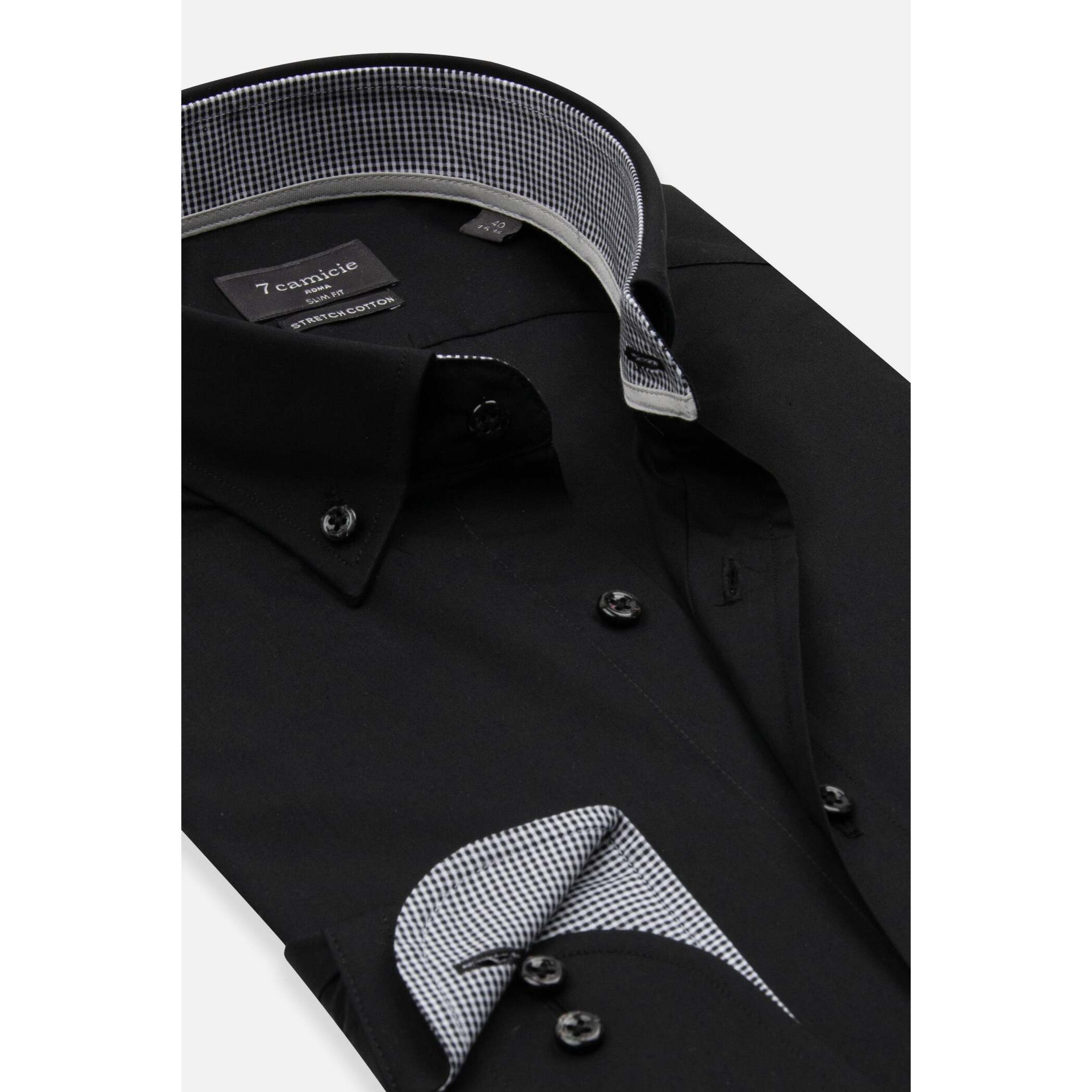 camicia uomo 1 bottone button down slim Popeline Stretch Unito Nero
