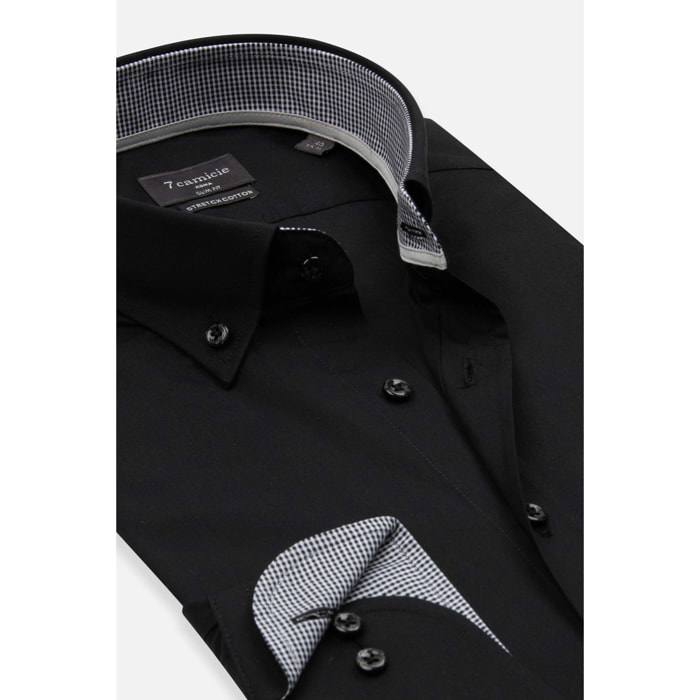 camicia uomo 1 bottone button down slim Popeline Stretch Unito Nero