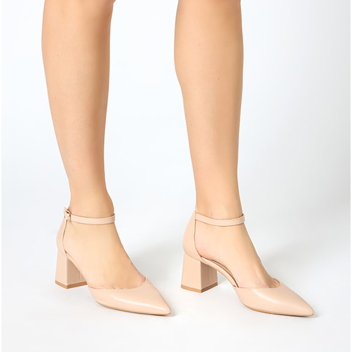 Décolleté open shank donna beige, tacco largo 6,5 cm