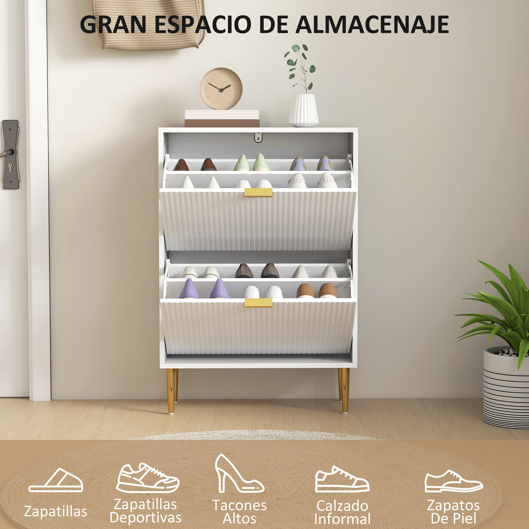 Zapatero Estrecho con 2 Puertas Acanaladas Zapatero Entrada Recibidor con Estantes Ajustables para 12 Pares de Zapatos 60x24x91,5 cm Blanco