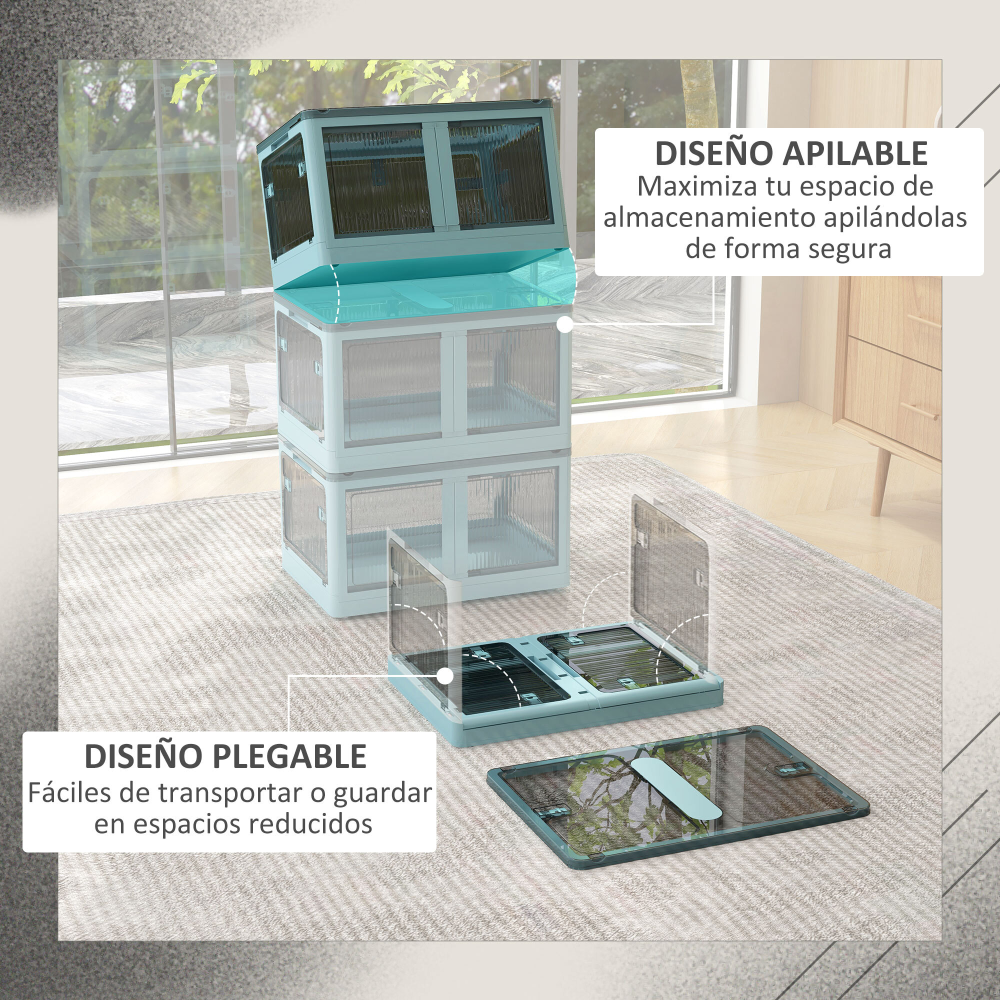 Caja de Almacenamiento Apilable con Tapa 69L Caja Organizadora Plegable con Ruedas Contenedor de Plástico con Acceso a 5 Lados 60x42x34 cm