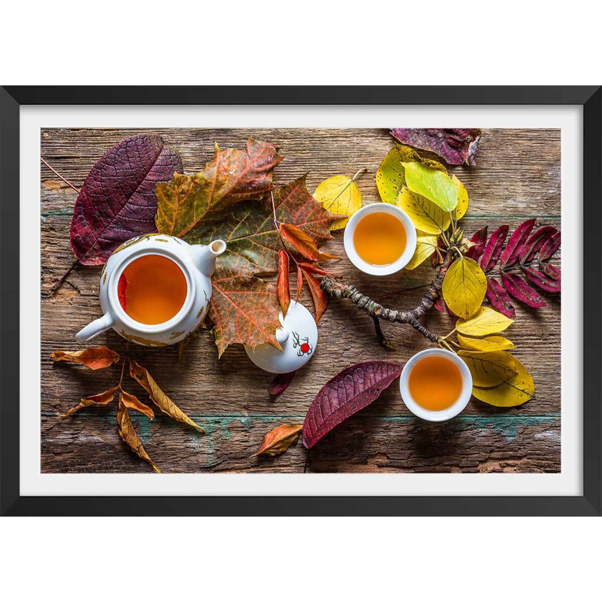 Affiche cuisine feuille de thé Affiche + cadre en bois - Noir