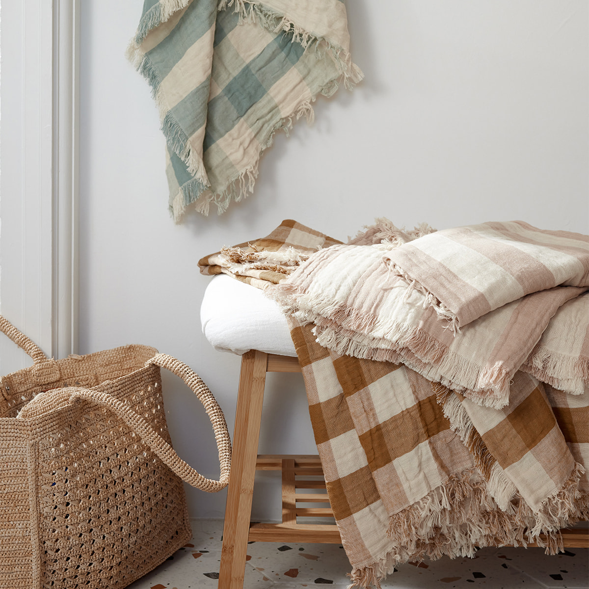 Plaid imprimé en gaze de coton, DAISY, Beige nude