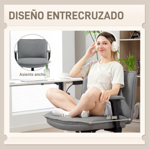 Silla de Oficina Piernas Cruzadas, Silla de Escritorio con Reposabrazos Abatible, Asiento Ancho, sin Ruedas, Altura Ajustable, Giratoria, Función Basculante, Tapizada en Lino, Gris