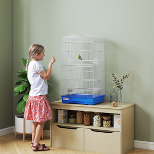 Jaula para Pájaros, Jaula de Metal para Pájaros con Puertas, 4 Comederos, 3 Perchas, Columpio, Bandeja Extraíble y Asa de Transporte, para Loro, Canario, Periquito, 46,5x35,5x92 cm, Azul