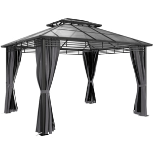 Pergola pavillon de jardin alu métal double toit polycarbonate 3 x 3,5 m rideaux moustiquaires inclus