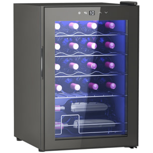 HOMCOM Vinoteca 20 Botellas, Nevera para Vinos con Compresor, Puerta de Doble Cristal Anti-UV, Temperatura 5-18°C, Pantalla Táctil, 4 Estantes Regulables, Luz LED Interior, Silenciosa 39DB, Negro