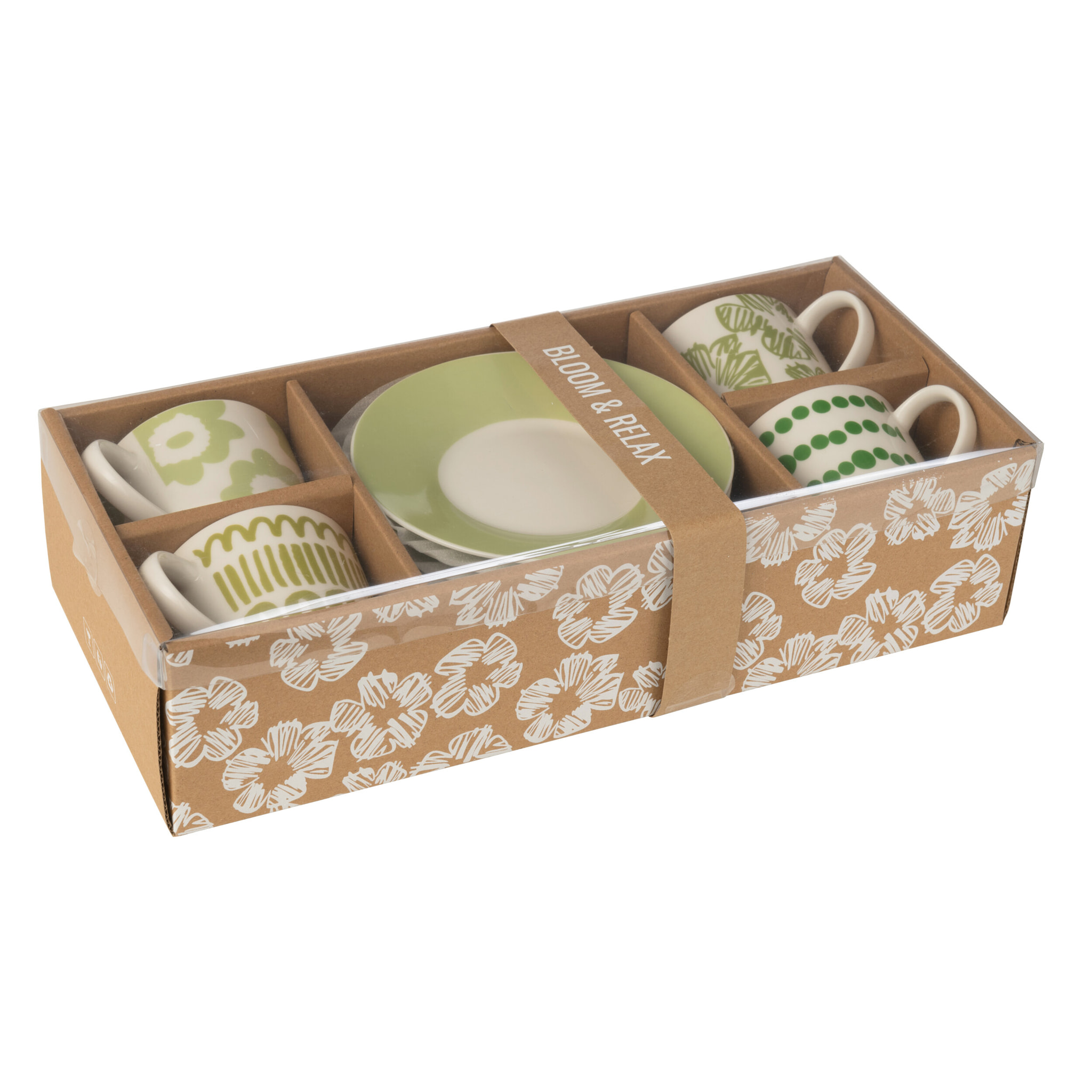 J-Line tasse + sous-tasse - céramique - vert - large - 4 pcs - coffret cadeau