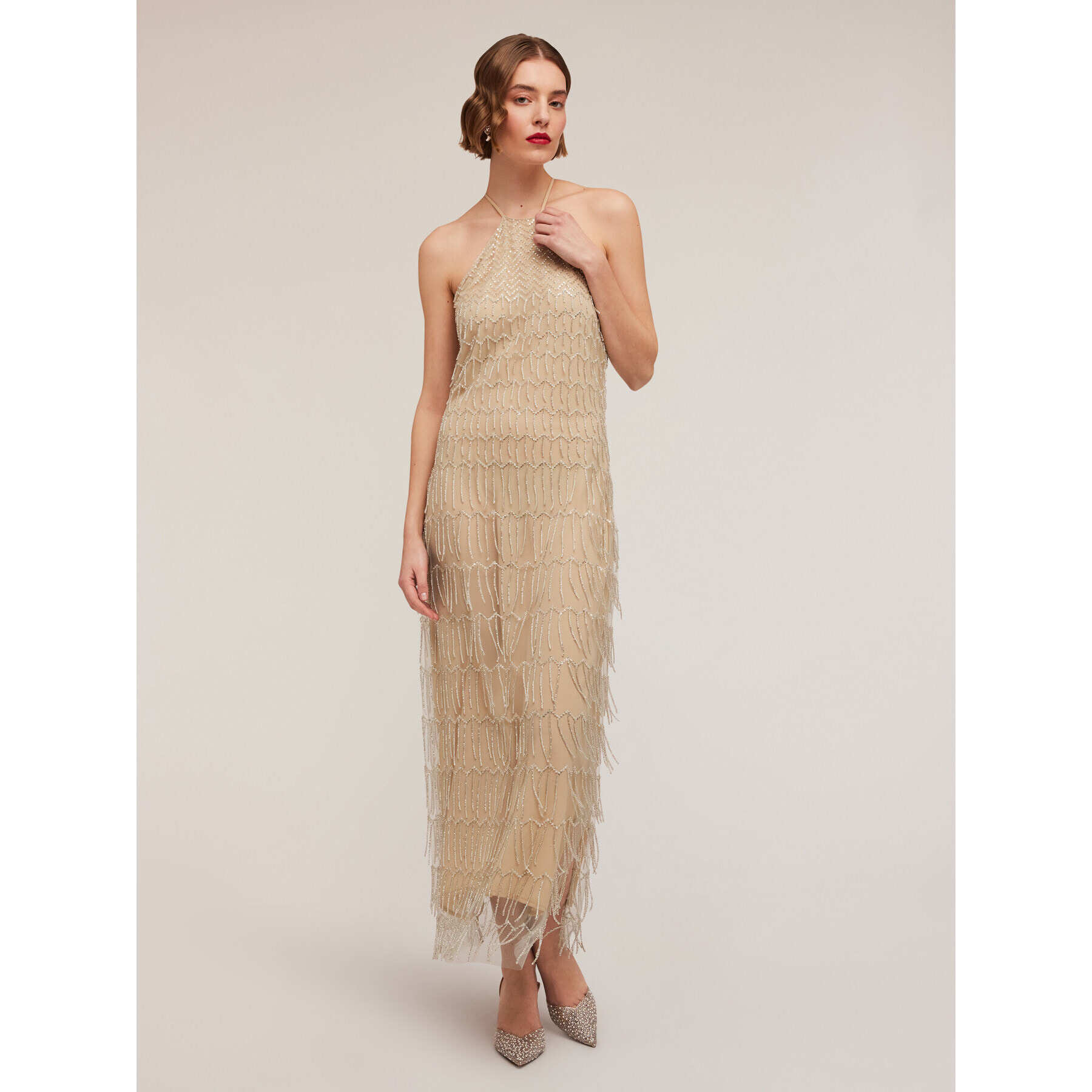 Motivi - Vestido bordado con flecos - Beige