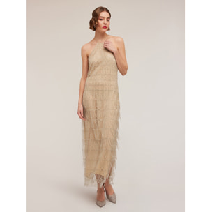 Motivi - Vestido bordado con flecos - Beige