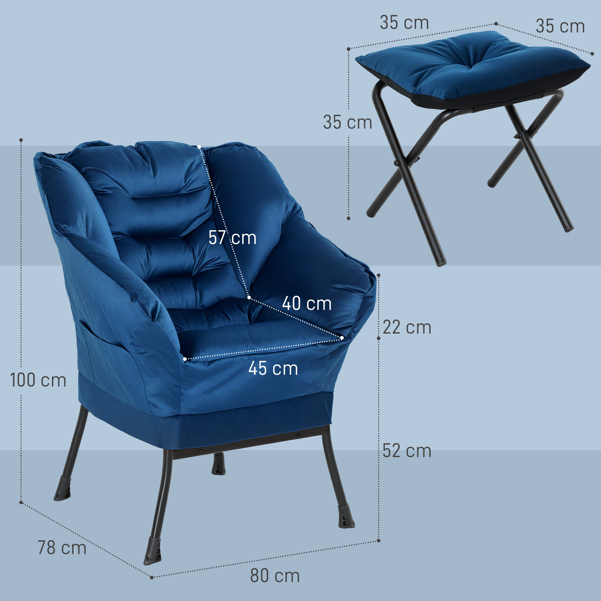 Sillón de Salón con Otomana Sillón de Relax Sillón para Lectura con Bolsillos Laterales y Patas de Acero para Sala de Estar Dormitorio Azul Oscuro