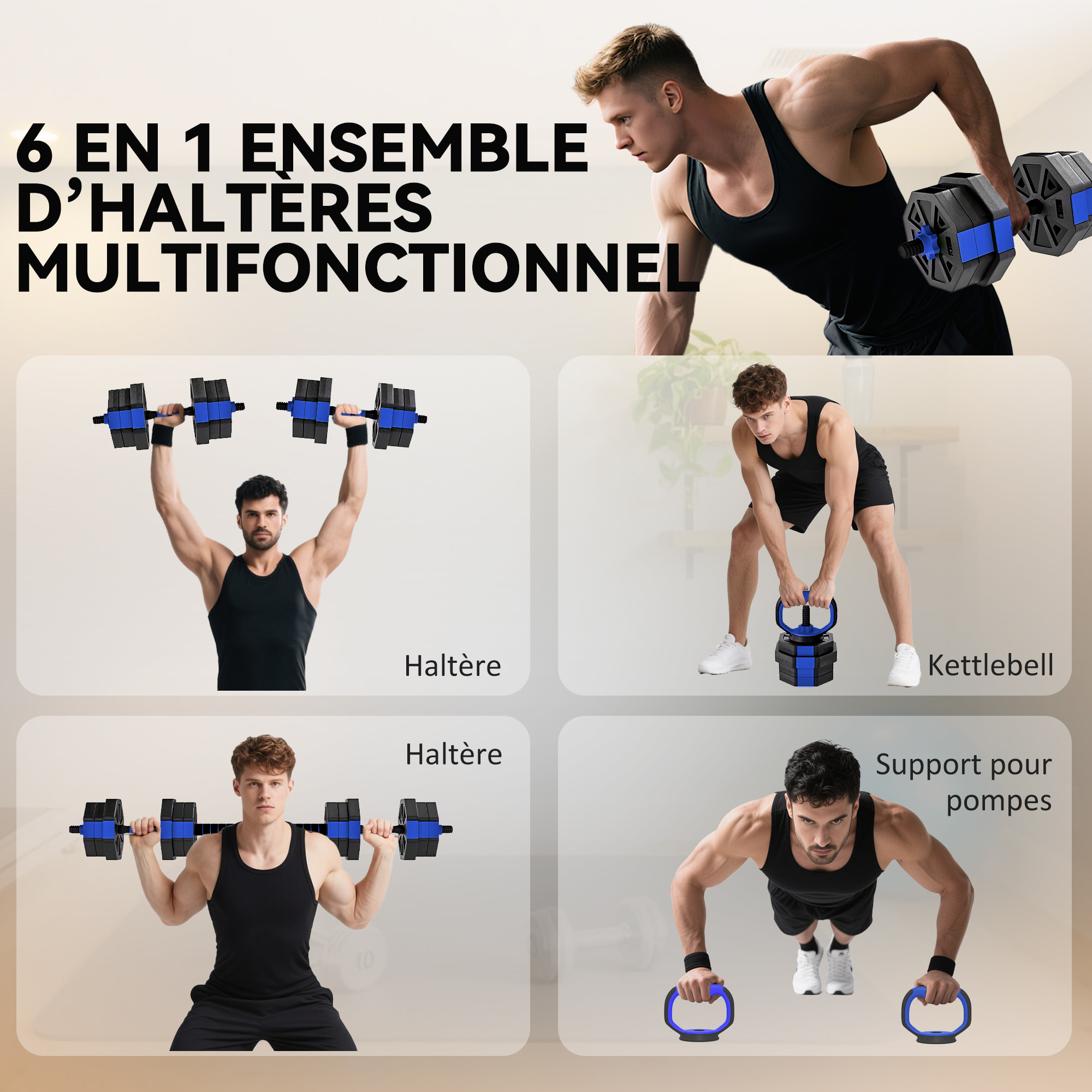Ensemble d'haltères musculation multifonction 4 en 1 - haltères, kettlebell, push-up support, Olympic barre - total 20Kg - PVC bleu noir