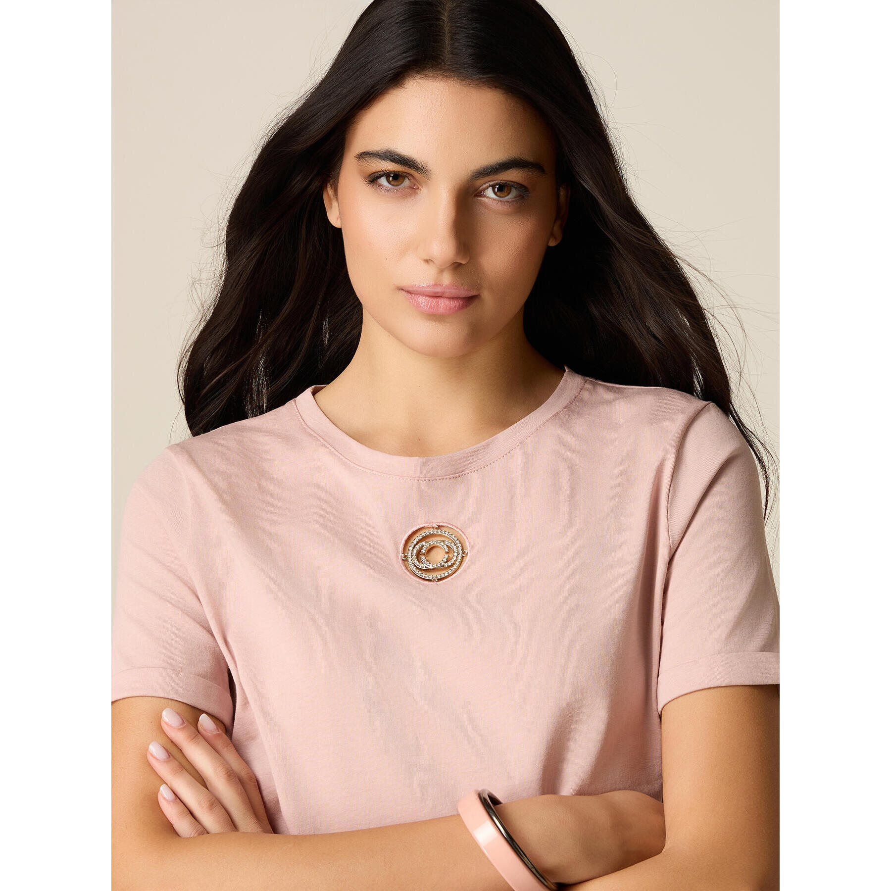 Oltre - T-shirt con intarsio e cristalli - Rosa