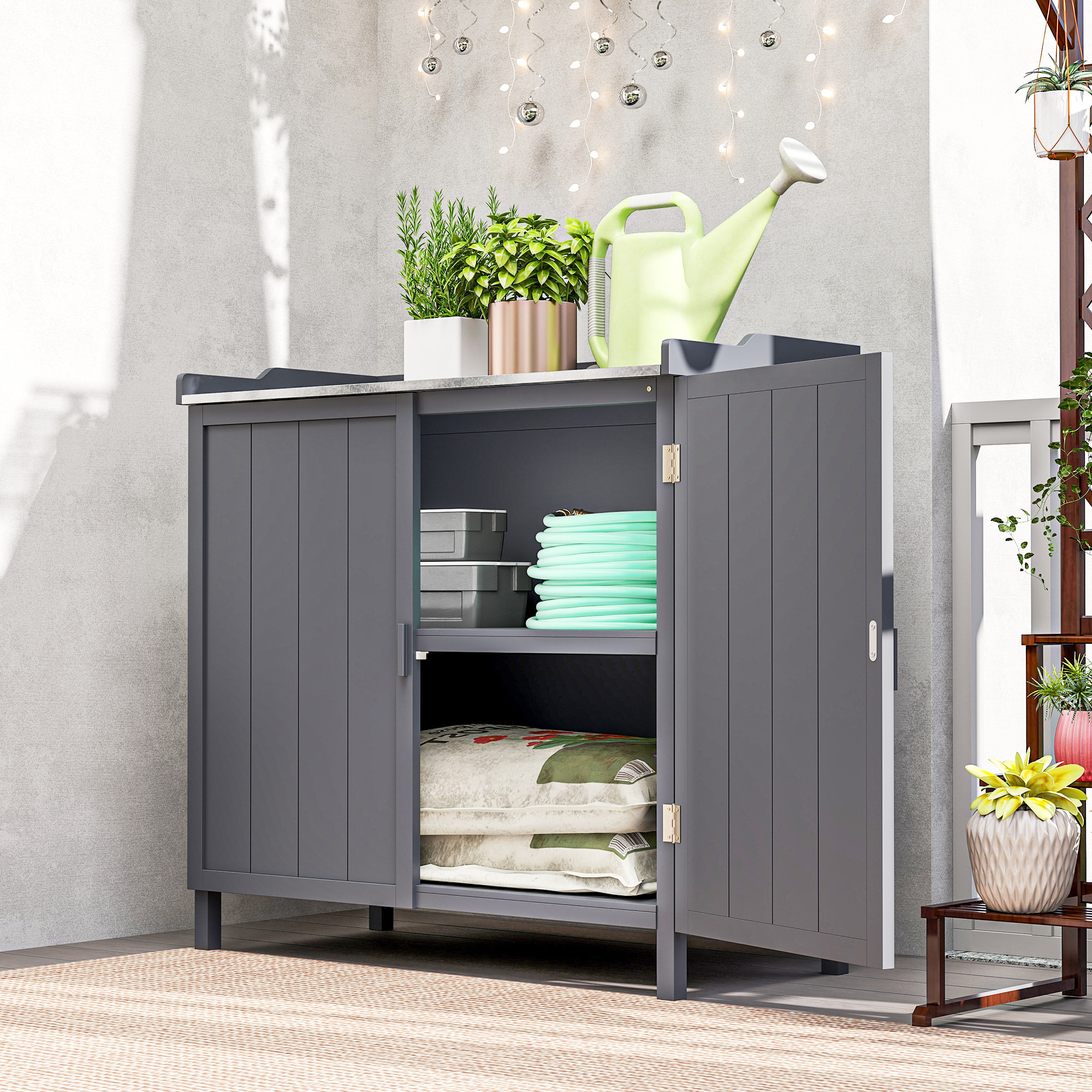 Armoire de rangement de jardin sur pied, table de rempotage 2 en 1 double porte, étagère, plateau métal galvanisé - bois sapin gris