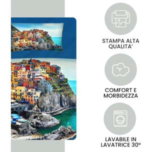 INTRECCI Set Lenzuola Una Piazza e Mezza in Cotone, Stampa Alta Qualità, Lenzuolo Sotto + Lenzuolo Sopra + 1 Federa, Comfort, per Pelli Sensibili, non Stringe in Lavatrice. Fantasia: Cinque Terre
