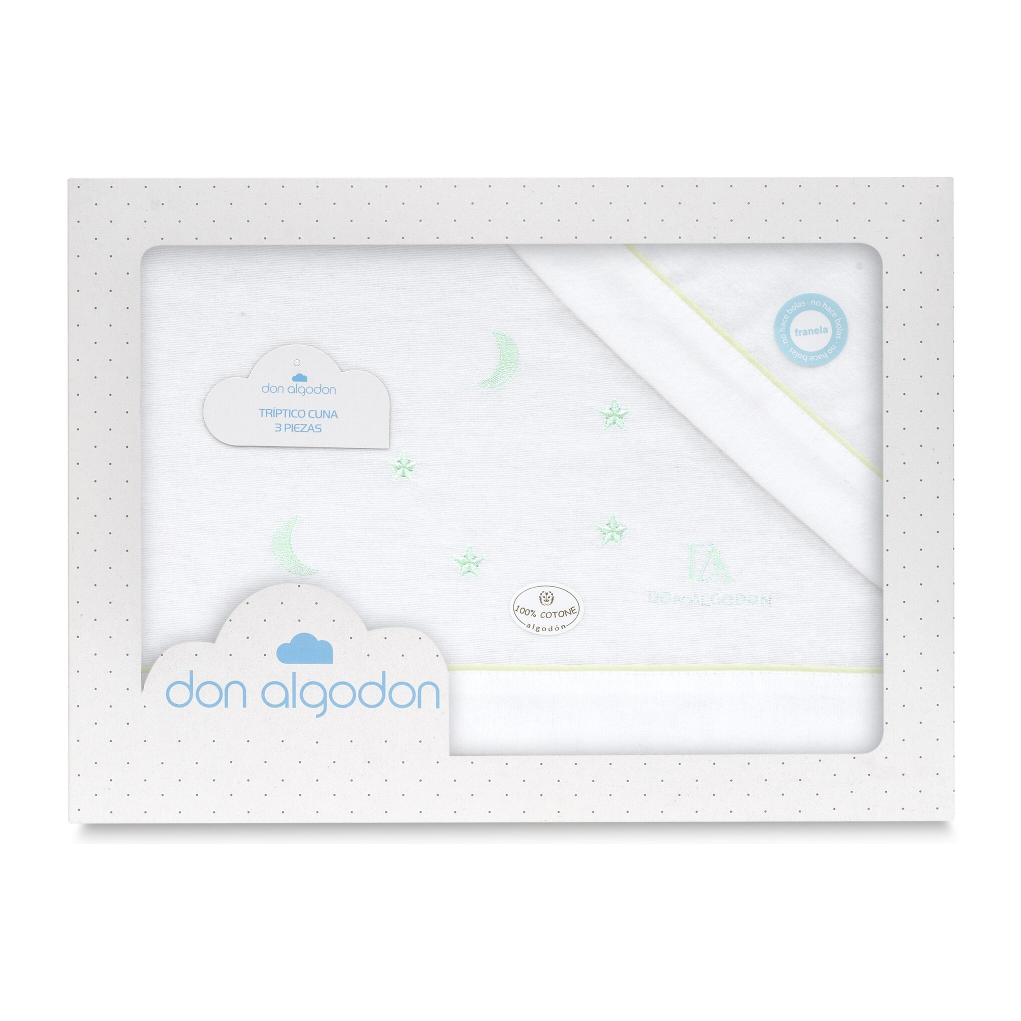 Triptico Cuna Franela Don Algodon Multi Estrellas Luna Bco/Verde