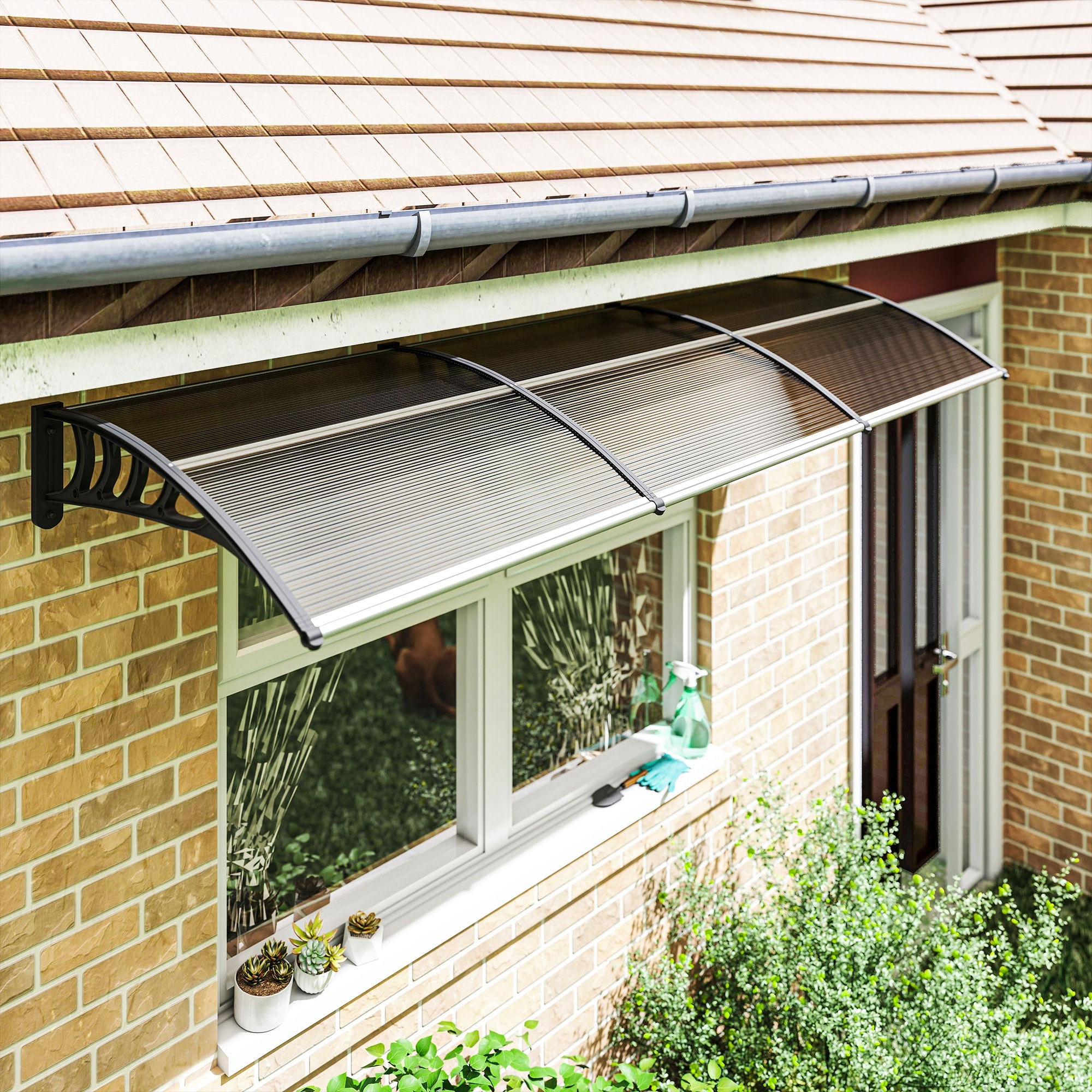 Auvent marquise de porte design voûté arrondi dim. 303L x 96l x 27H cm alu polycarbonate plastique marron noir