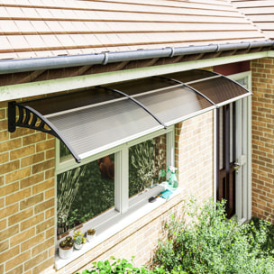 Auvent marquise de porte design voûté arrondi dim. 303L x 96l x 27H cm alu polycarbonate plastique marron noir